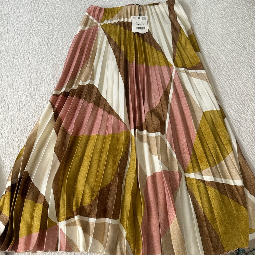 Zara Pleated Midi Skirt in Pink, Olive & Brown